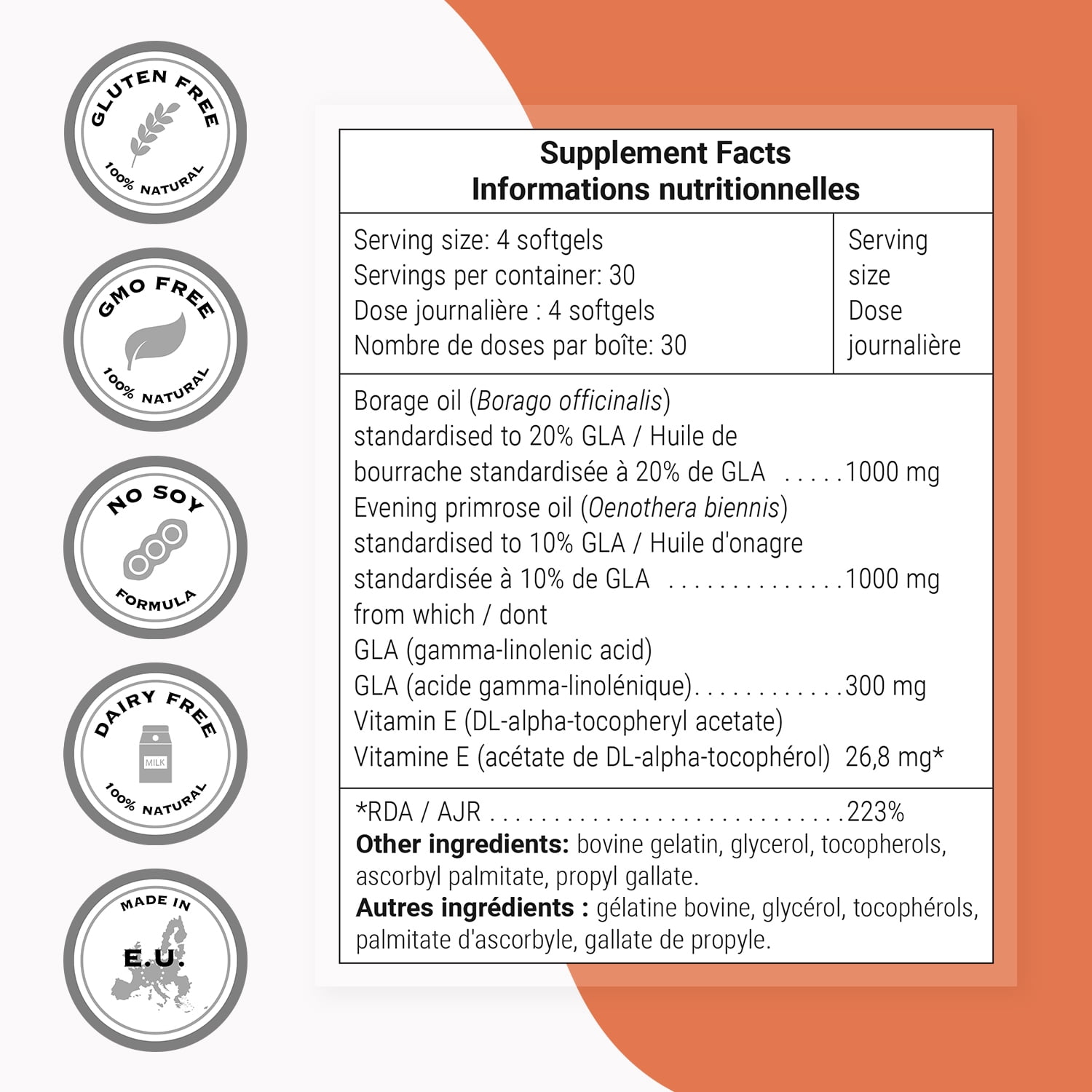 SuperSmart Borage & Evening Primrose (High Potency) - GLA Oil Gamma Linolenic Acid Cold Pressed - with Vitamin E, Borage Oil & Evening Primrose Oil Supplement | Non-GMO & Gluten Free - 120 Softgels