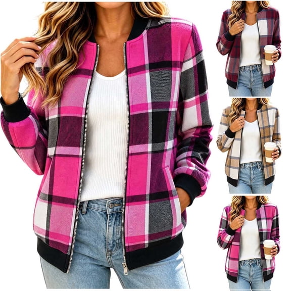 Lutiedan Plaid Bomber Jacket for Women Zip up Long Sleeve Cropped Jackets Fall Winter Casual Warm Outwear with Pocket S-XXL,Hot Pink
