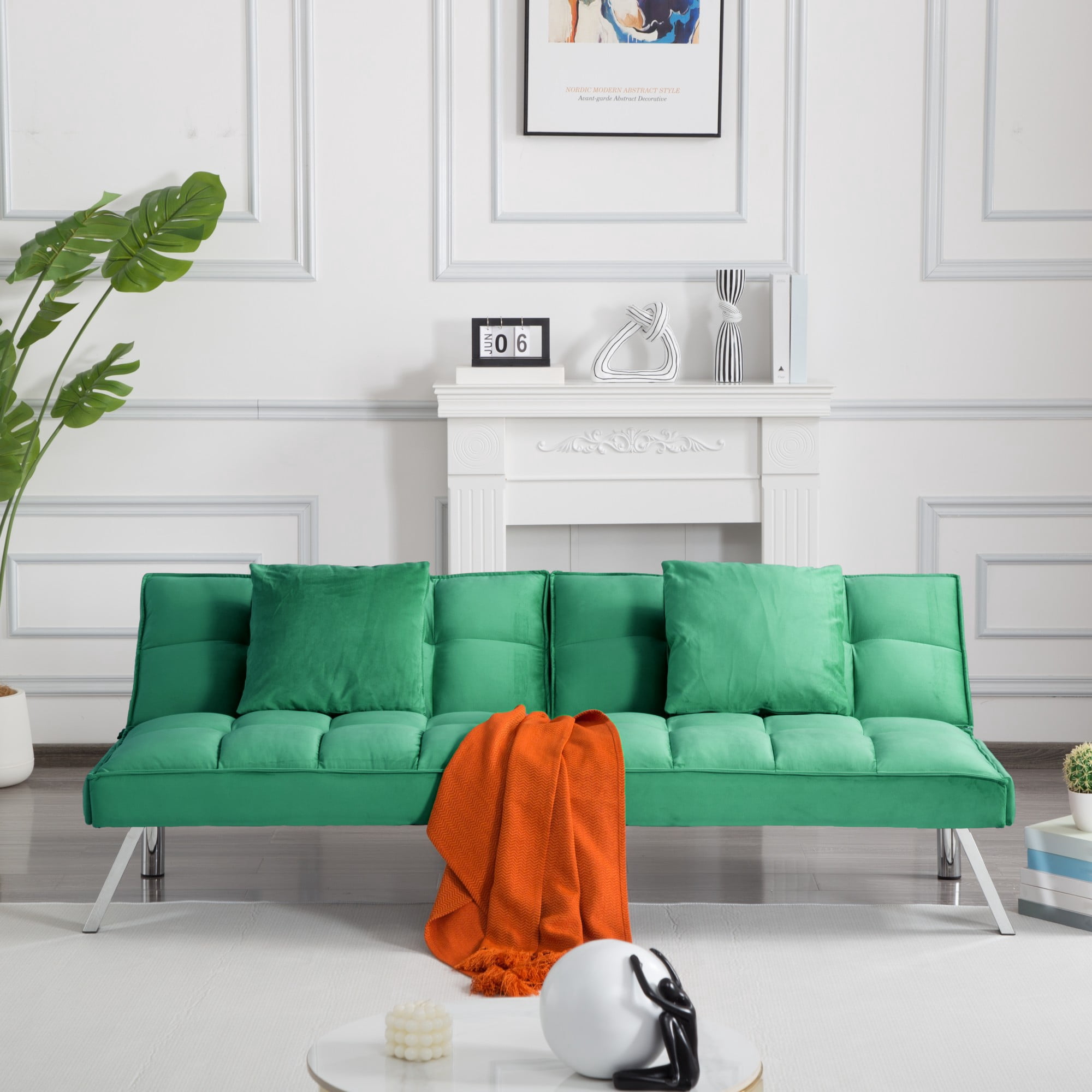Gewnee Green 67.7” Twin Convertible Sleeper Sofa, Velvet Tufted Split-Back with 2 Toss Pillows for Home Office
