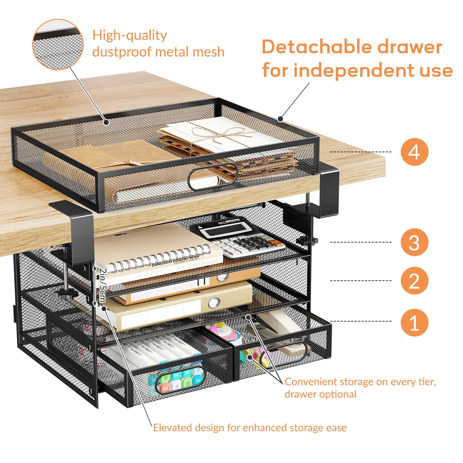 Under Desk Drawer Organizer, Large Under Desk Storage Side Drawers for Home & Office, L12.9xW9.6xH8.1 Drill-Free Clamp-on Installation for Small Space, Spacious Storage for Office Supplies, Papers