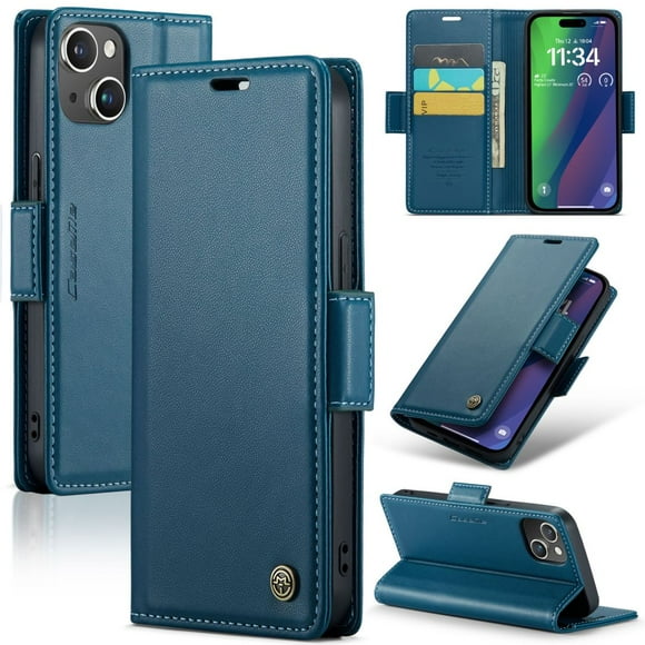 CaseMe Leather For iPhone 13 Wallet Case with RFID Blocking, For iPhone 13 Case Wallet for Women Men Card Holder Magnetic Clasp Kickstand Folio Case for iPhone 13,Blue,For iPhone 13