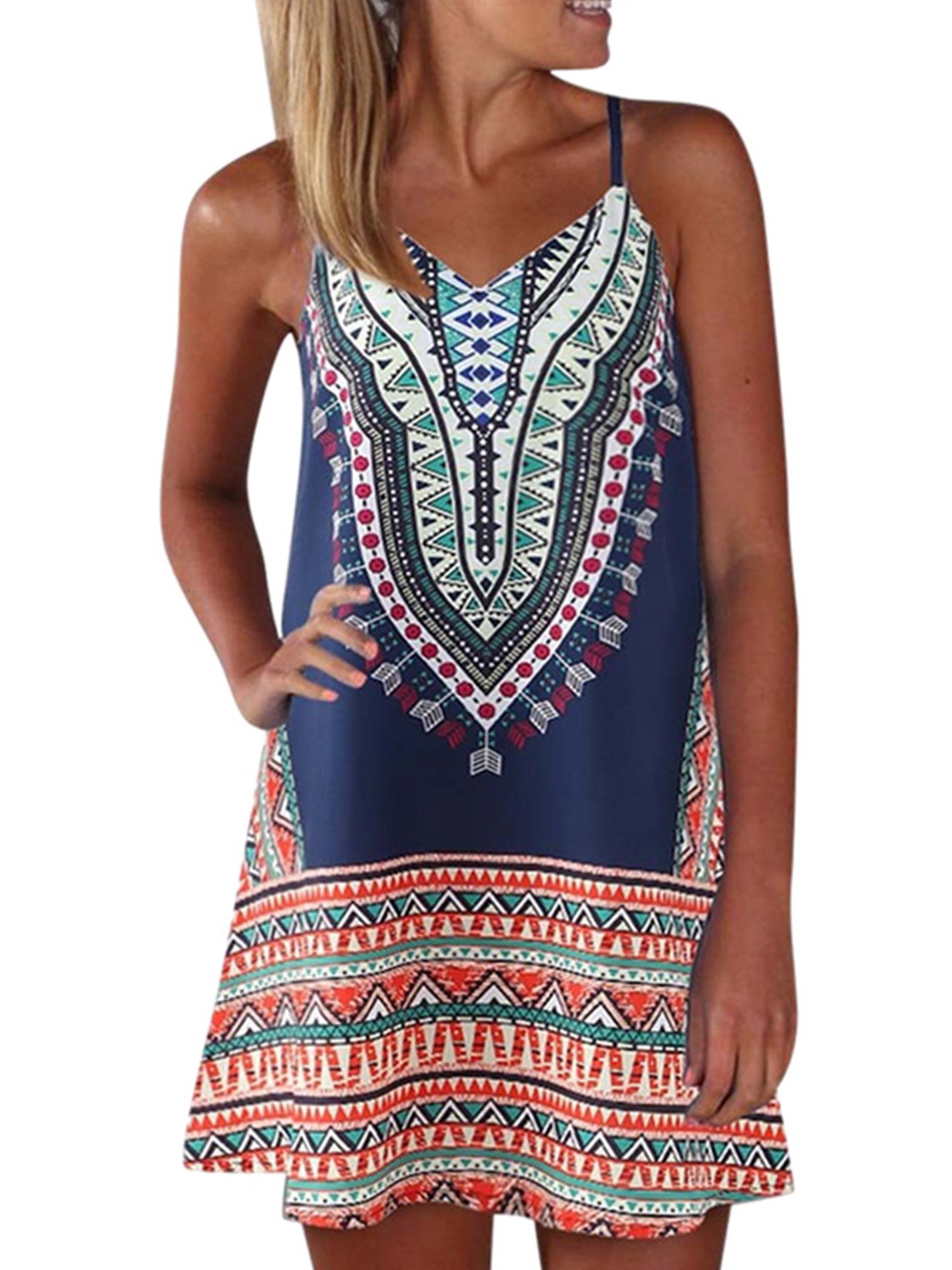 Women's V Neck Sexy Beach Dress Bohemian Loose Sundress Summer Spaghetti Straps Dress