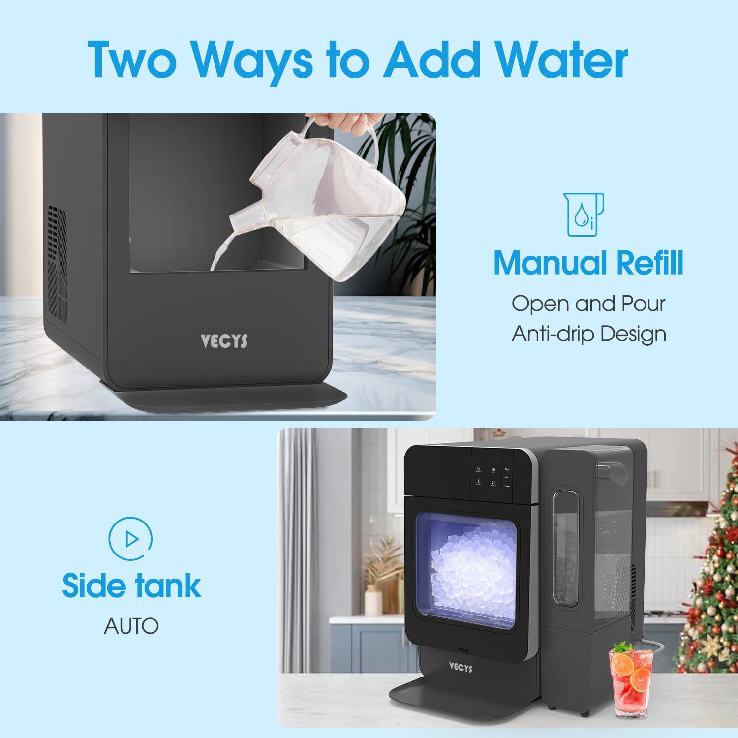 VECYS Nugget Ice Maker W/ Side Water Tank, 33LBS/Day Self-Cleaning, Black