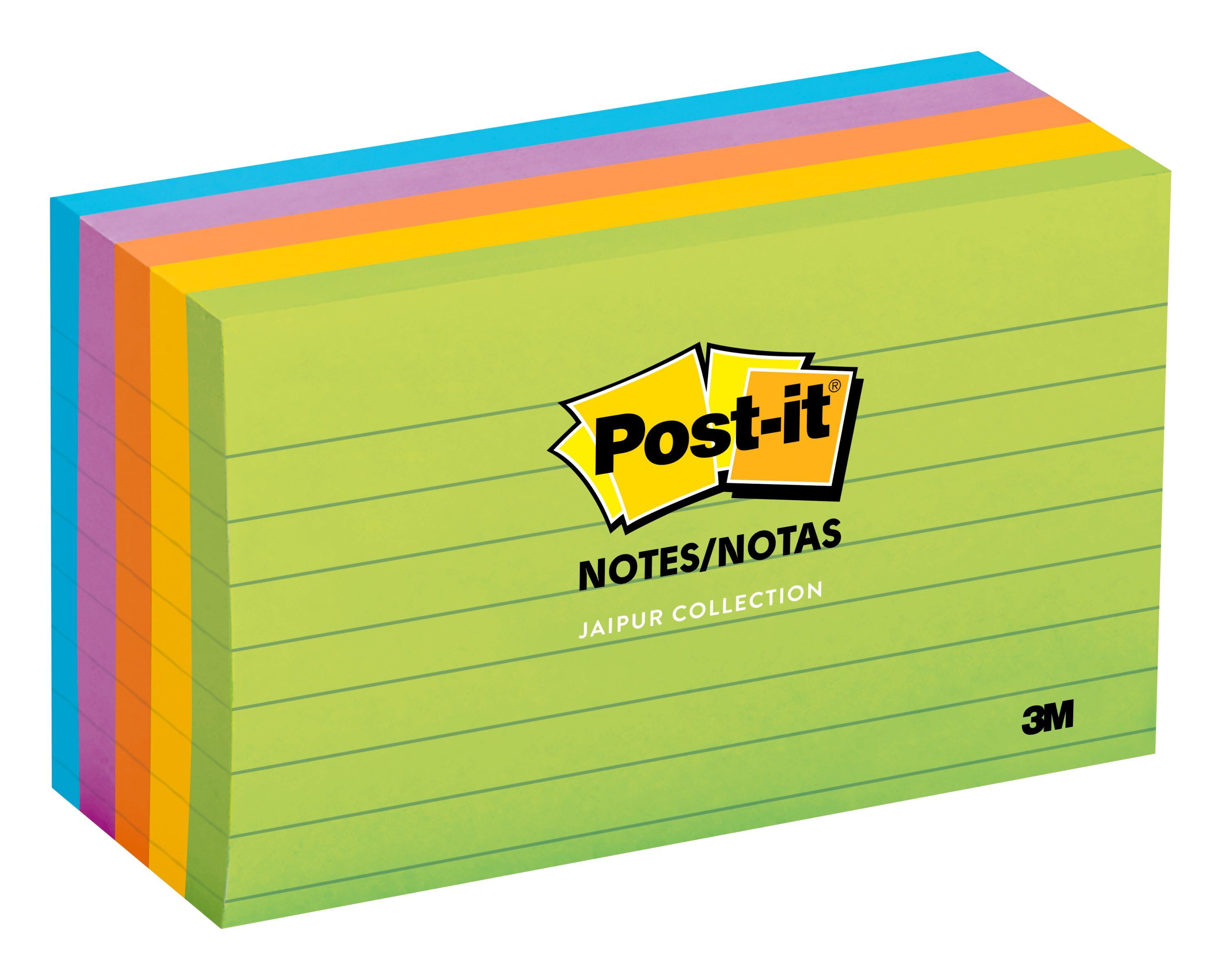 Postit Sticky Lined Notes, 3" x 5", Jaipur Color Collection, 5 Pads