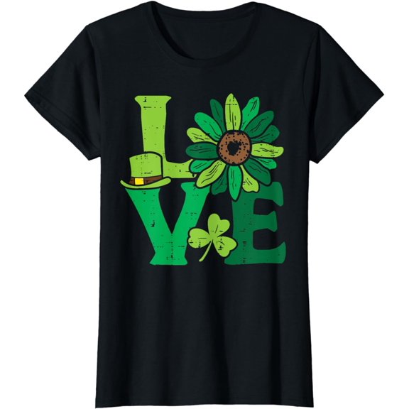 Love Sunflower Shamrock Clover St Patricks Day Flower Women T-Shirt