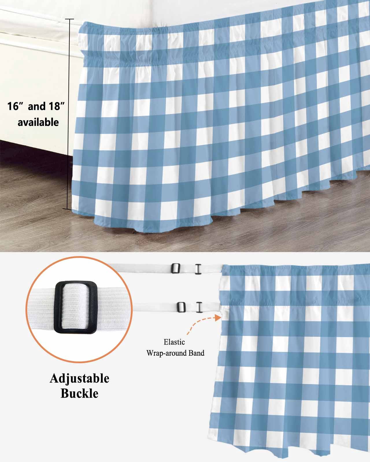 Blue White Plaid Wrap Around Bed Skirts for California King Bed 16" Drop,Bed Skirt with Adjustable Elastic Belt Dust Ruffle Bed Valance Gradient Geometric Buffalo Checkered Bed Frame Cover