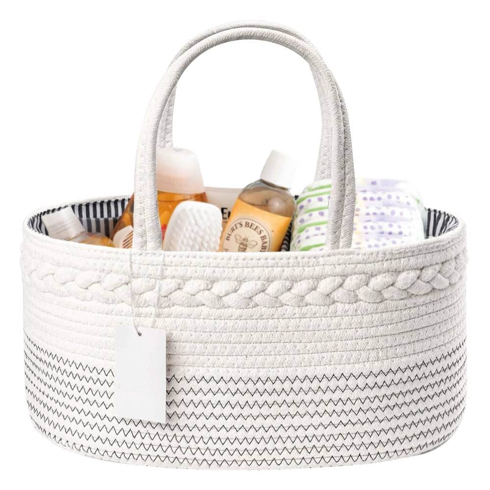Woven Cotton Rope Diaper Caddy Organizer Basket, Portable Storage Tote with Handle for Baby Essentials