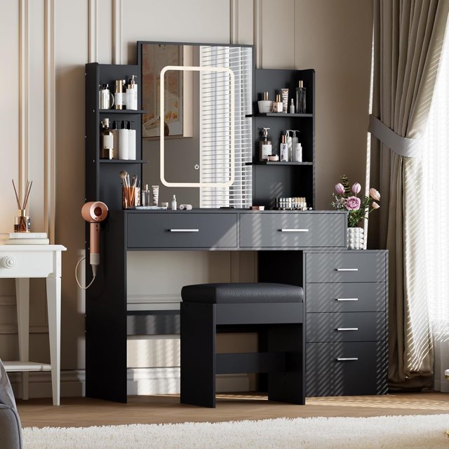 Commode avec Miroir et Lumières, 6 Tiroirs et Étagères, Coiffeuse Blanche