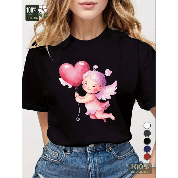 Whimsical Cupid with Heart Balloon Pure Women'S Tshirt Comfort Fit Tee Tee For Adult, Men, Women, Teen, Teenager, Adolescent, Youth