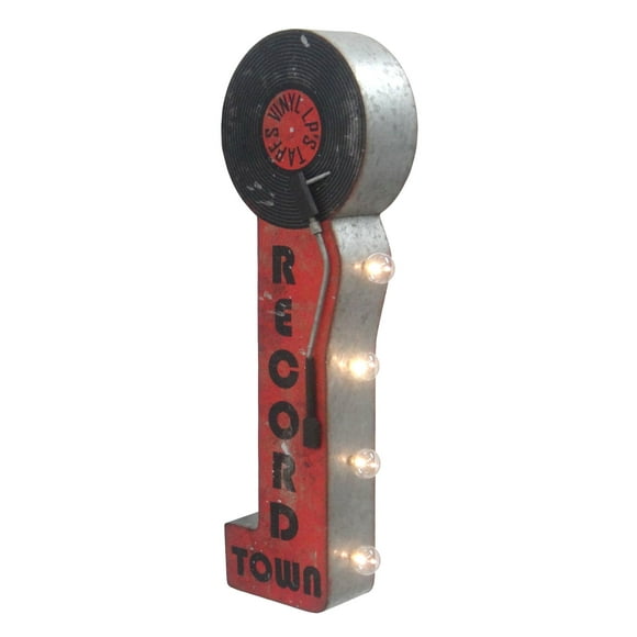 Record Town Vinyl Turntable Store - Reproduction Vintage Advertising Sign - Battery Powered LED Lights - Double Sided Metal Marquee Display - 30 x 10 x 5 inches