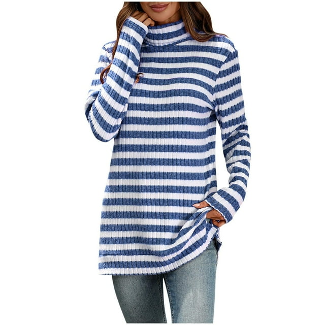 Women's Fashion High Neck Pullover Long Sleeve Tops Striped Pattern Casual Fall Winter Layering Knit Sweater Style