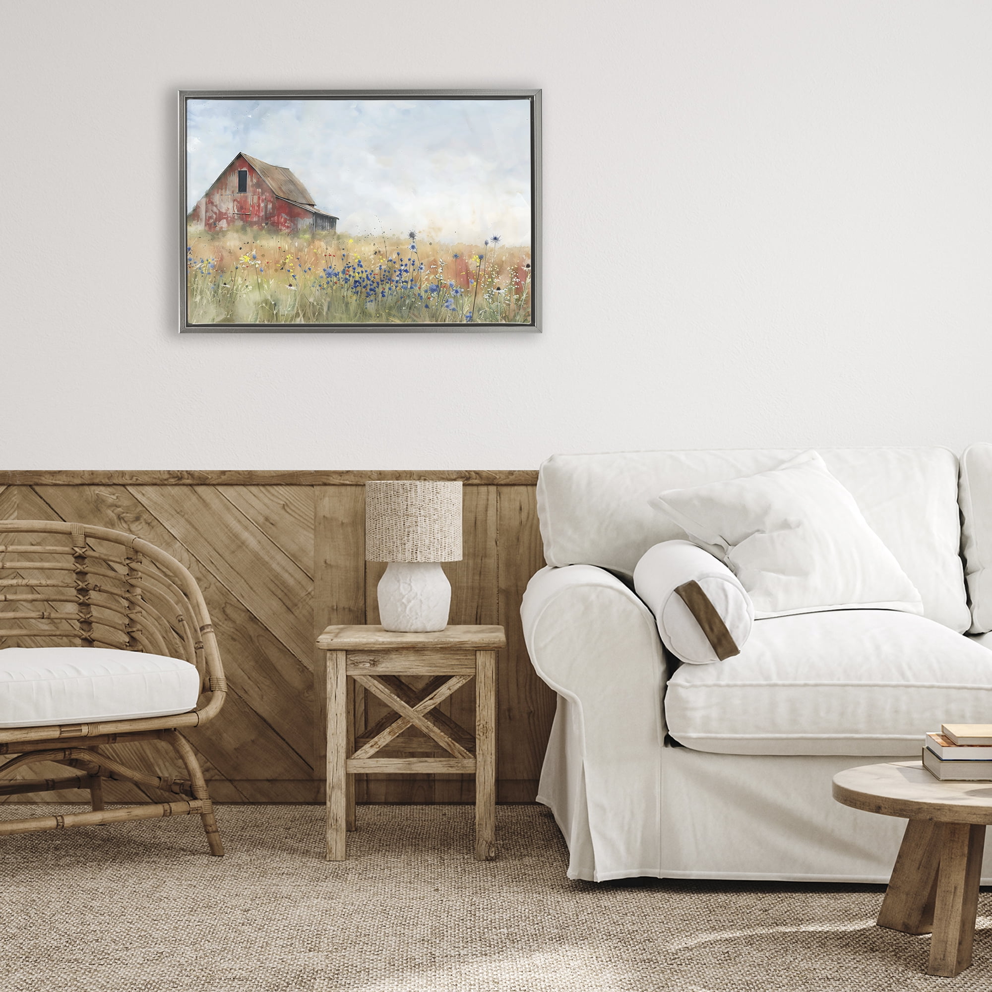 Stupell Industries Rustic Barn in Colorful Meadow Gray Framed Floater Canvas Wall Art, design by Creative Studio