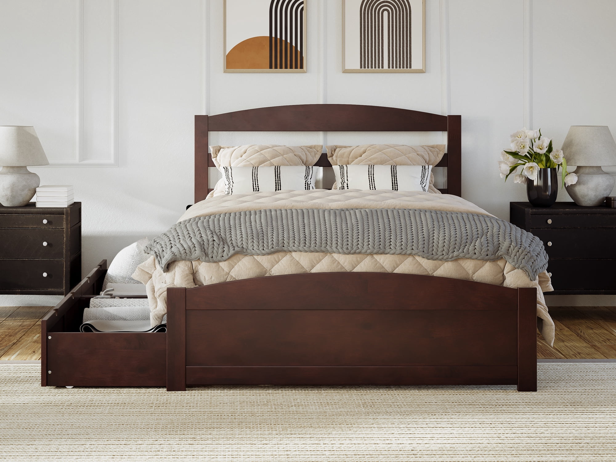 AFI Warren Full Wood Platform Bed with Headboard Footboard & 2 Storage Drawers, Walnut