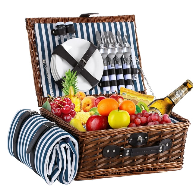 Cesta de Picnic HYBDAMAI para 4 con Manta Impermeable Azul