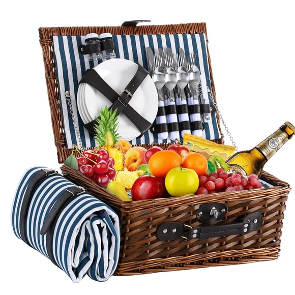 Cesta de Picnic HYBDAMAI para 4 con Manta Impermeable Azul