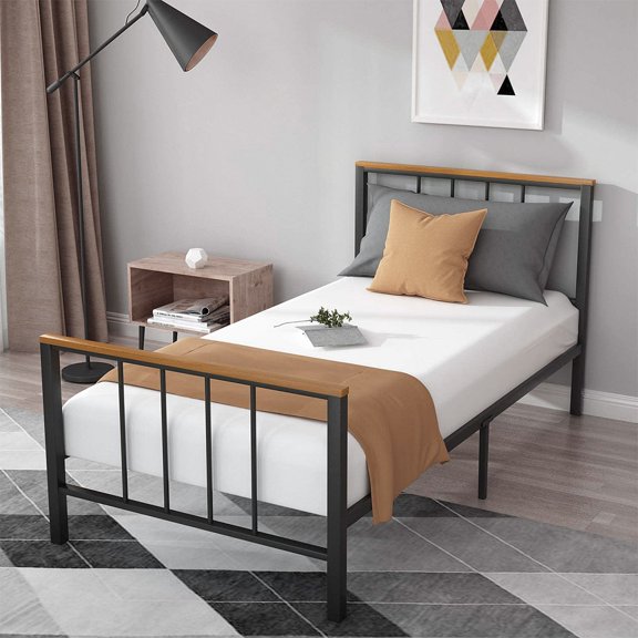 40 Inch SEGMART Twin Bed Frame with Wood Headboard and Footboard, Mattress Foundation w/7 Metal Legs, Noise-Free/ No Box Spring Needed, Easy assembly, for Dorm, School, Child Room, 500lbs, S2016
