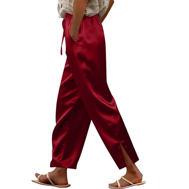 TaTaai Women Solid Satin Long Pants Side Split Minimalist Elegant Ladies Weekend Party Vacation Wear Non-See-Through Machine Washable No Fading Smooth Trousers Gift