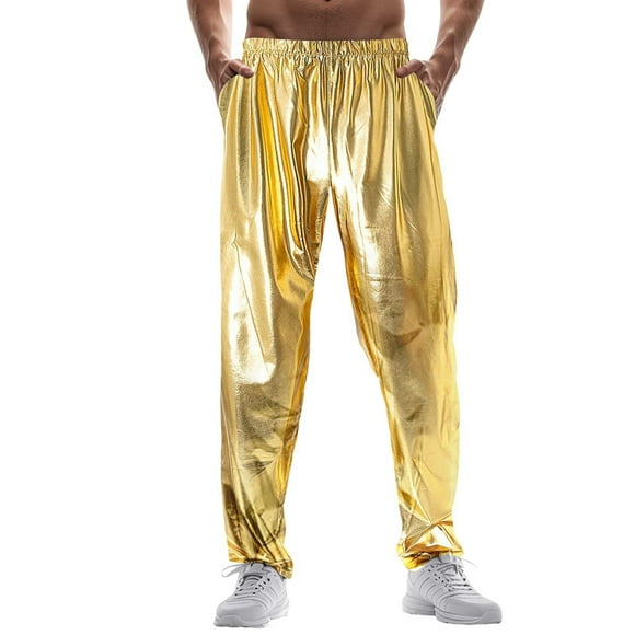Men'S Shiny Metal Shiny Casual Pants Nightclub Disco Pants Men'S Casual Pants Gold M