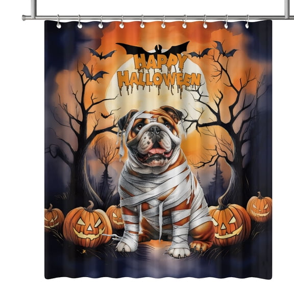 Mummy Bulldog Happy Halloween with Pumpkins Bats Spooky Fun Shower Curtain Dog Lover Gifts Idea Waterproof Bathroom Bathtub Curtain - 00019