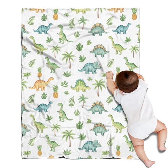 White Dinosaurs Palms Pineapples Pattern Blanket,Comfortable Soft Lamb Wool Throw Blanket,All Season,Warm Lightweight Blankets for Sofa Bed Couch Living Room Chair,30"x40"