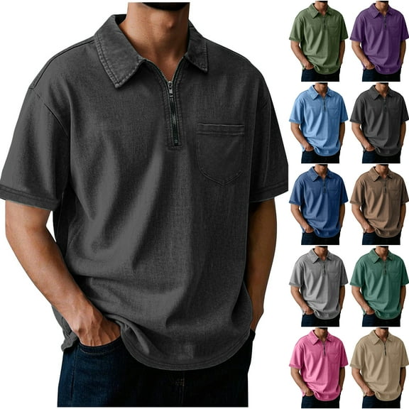 LODIENY Mens Polo Shirts Quarter Zip Shirts Vintage Casual Classic Lightweight Short Sleeve Golf Collared T-Shirt Tops with Pocket Green XL