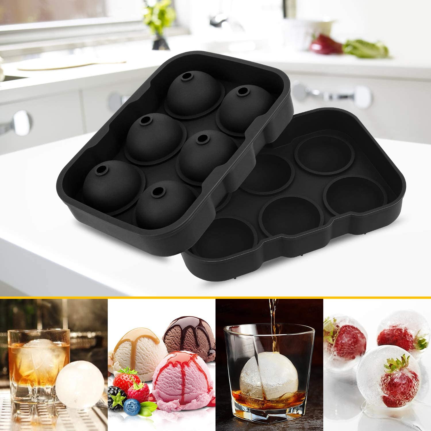 Silicone Ice Cube Trays Round Ice Cube Mold Spheres Ice Ball Maker (6 Round  Ice Ball Black)