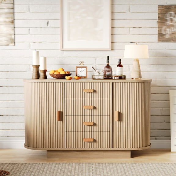 Modern Fluted Sideboard Buffet Cabinet – 47" Storage Console with 4 Drawers & 2 Arched Sliding Doors – Multi-Functional Coffee Bar Furniture