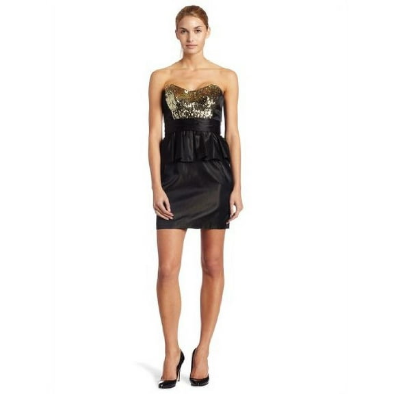 ABS By Allen Schwartz Womens Strapless Sequin Bodice Peplum Dress, Black/Gold, 4