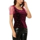 thumbnail image 4 of INSPIRAR CHIC Blusa de terciopelo de manga corta con cuello cuadrado y patrón de estrellas brillantes para mujer S Rojo oscuro, 4 of 6