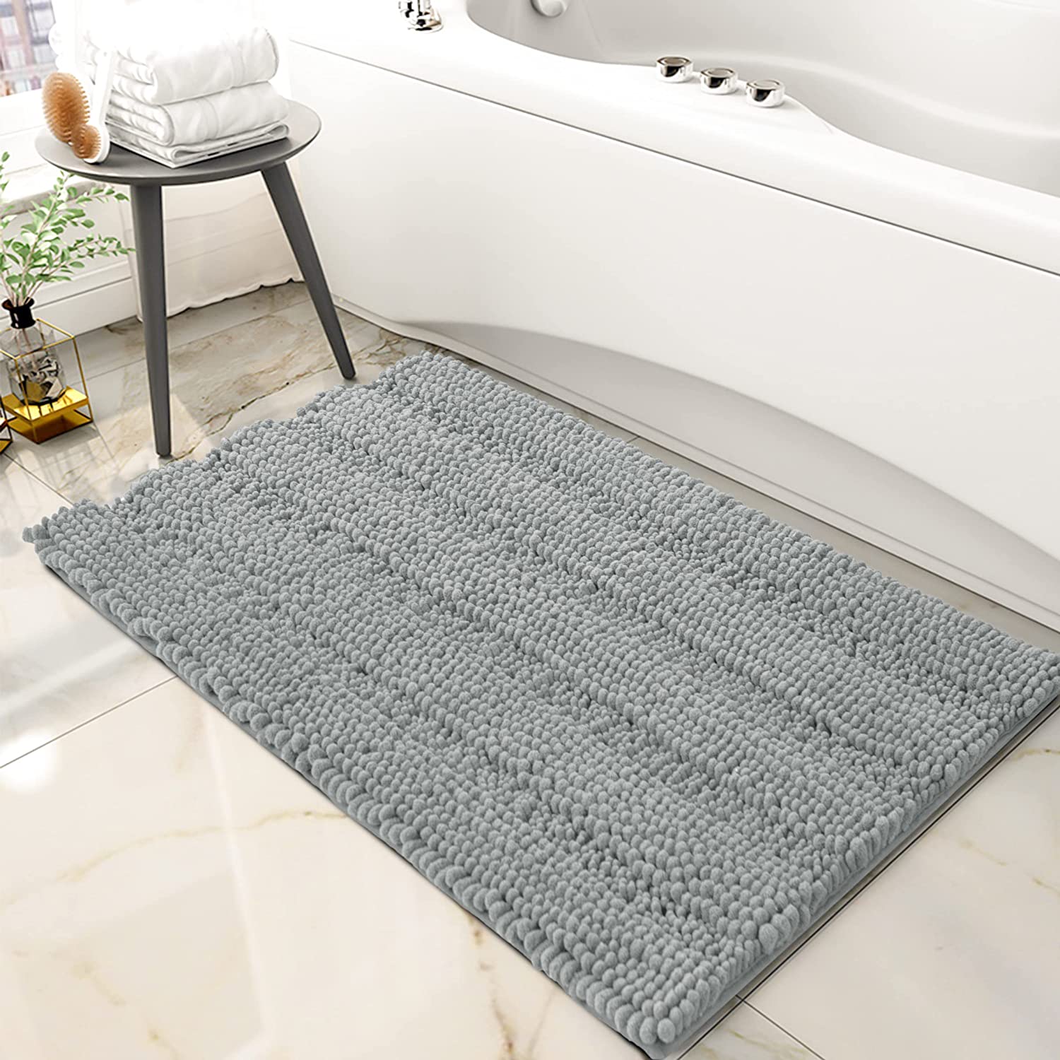 Subrtex Non-Slip Bathroom Rugs Chenille Soft Striped Plush Bath Mat (Light Gray, 20" x 32")