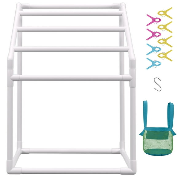 KFFKFF Towel Stand, 5-Rod Outdoor PVC Towel Storage, Independent Pool Towel Hanging Stand with Clasps, Pouch & Hook, Outdoor Indoor Blanket Drying Stand Organizer, Perfect for Pool Area, Restroom