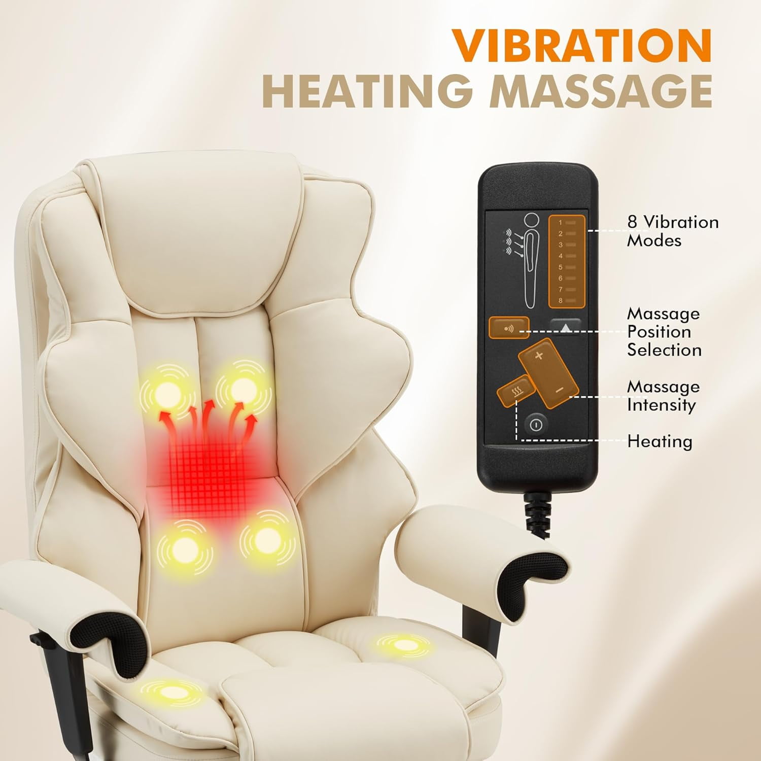 Homrest 6-Point Massage Executive Office Chair for Adults, Heated Ergonomic Home Desk Chair with Adjustable Footrest, Armrests & Backrest (Beige)