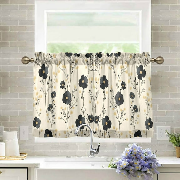 Yayeee Kitchen Curtains Tier Pair Light Filtering 27"x24" Rod Pocket Short Cafe Window Panel, Small Black Flowers