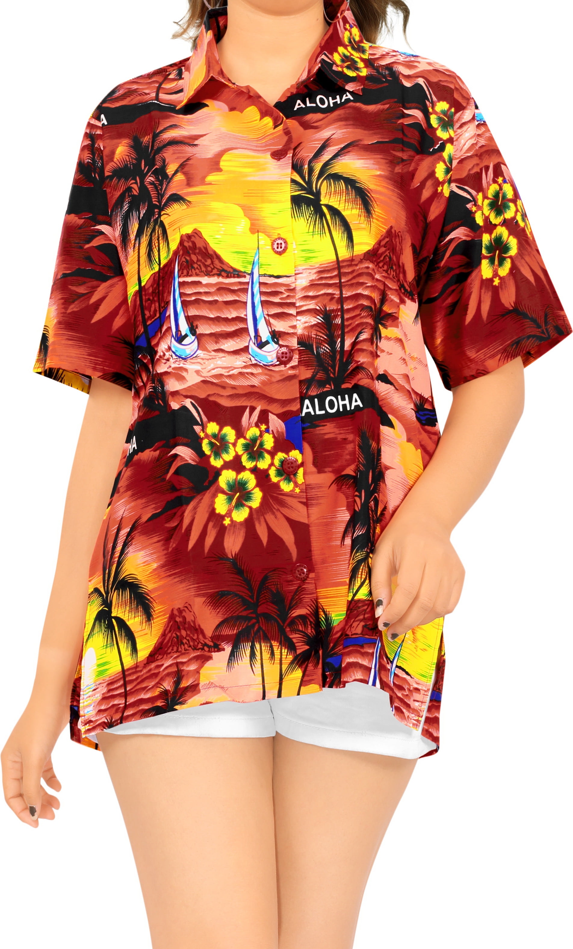 HAPPY BAY Women's Hawaiian Blouse Shirt For Girls Button Down Up Shirt M Red_W928 Walmart.com