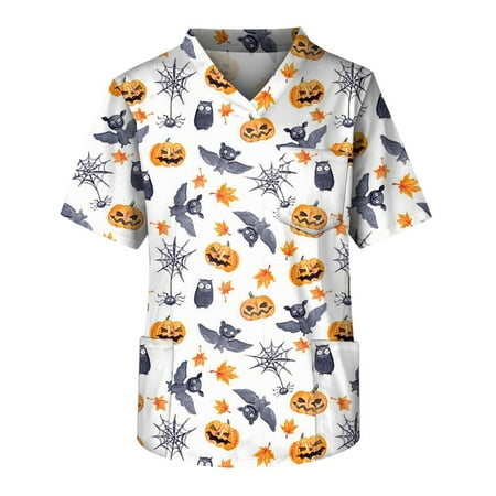 

HHei_K Halloween Scrubs Men s Short Sleeve V Neck Halloween Print Chest Pocket Carer Top