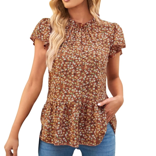 Gibobby Blusa de Trabajo de Manga Corta Camisa casual moda para mujer con volantes y cuello gasa floral manga corta(Naranja,G)
