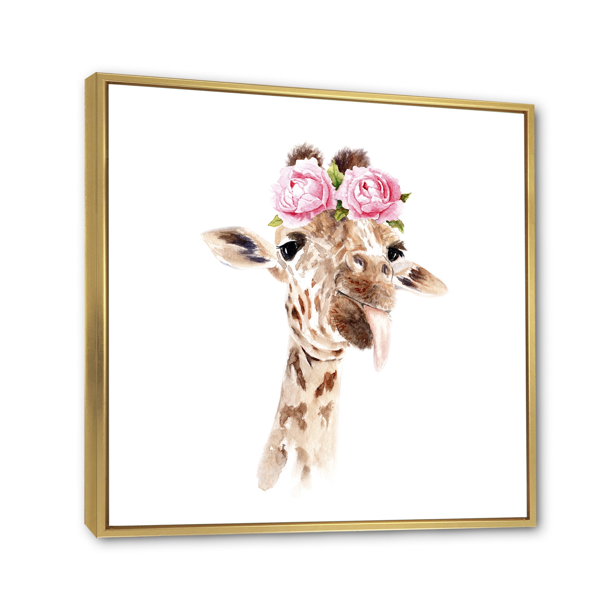 Designart 'Portrait of A Giraffe With Pink Flowers' Farmhouse Framed Canvas Wall Art Print