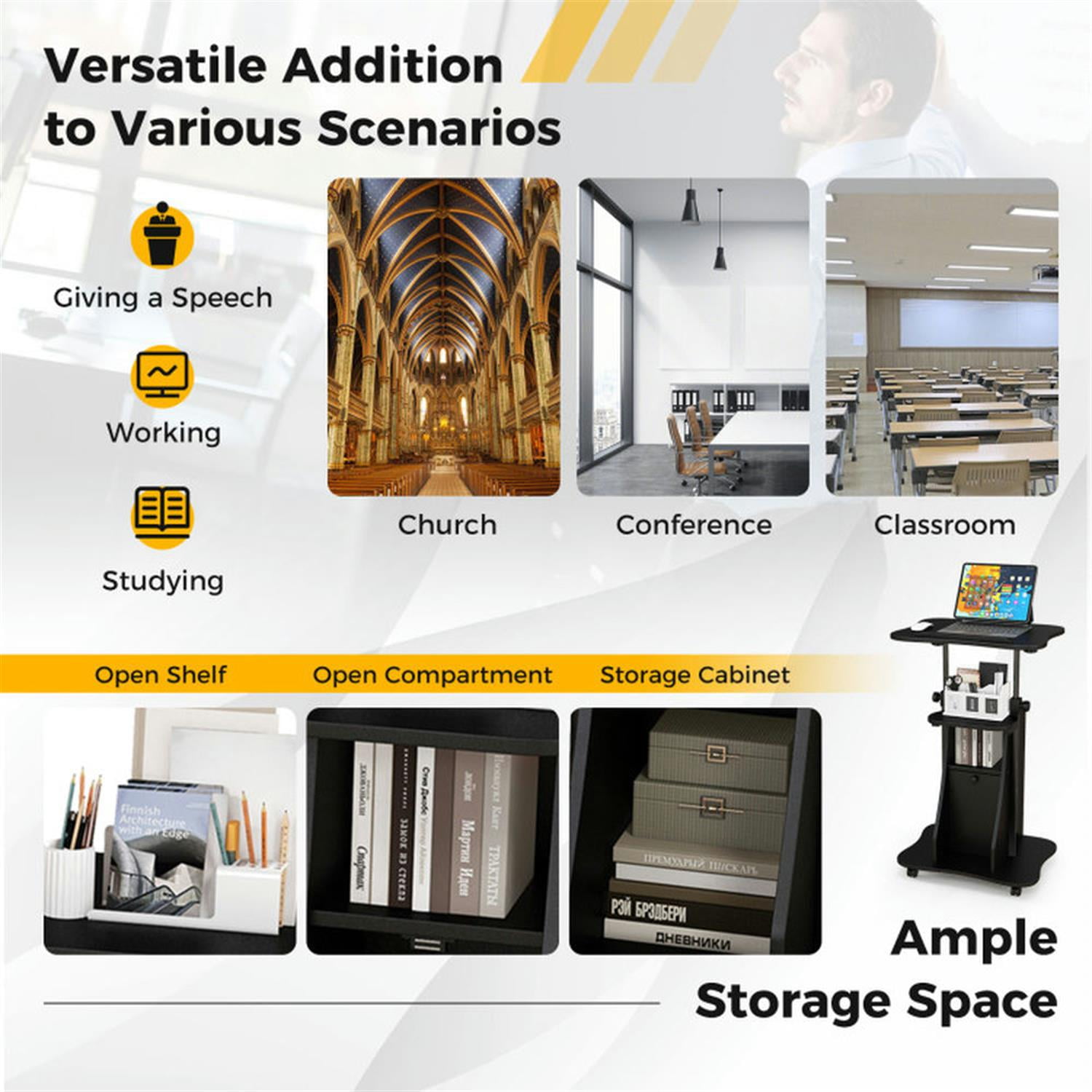 Demi Bonn Adjustable Mobile Standing Desk Cart with Tilt Desktop and Cabinet for Laptops, Books, Tablets, and Art, Black