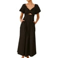 thumbnail image 2 of Women'S Summer Boho Maxi Dress V-Neck Cute Bubble Short Sleeve A-Line Long Dress with Pocket Black XL, 2 of 10