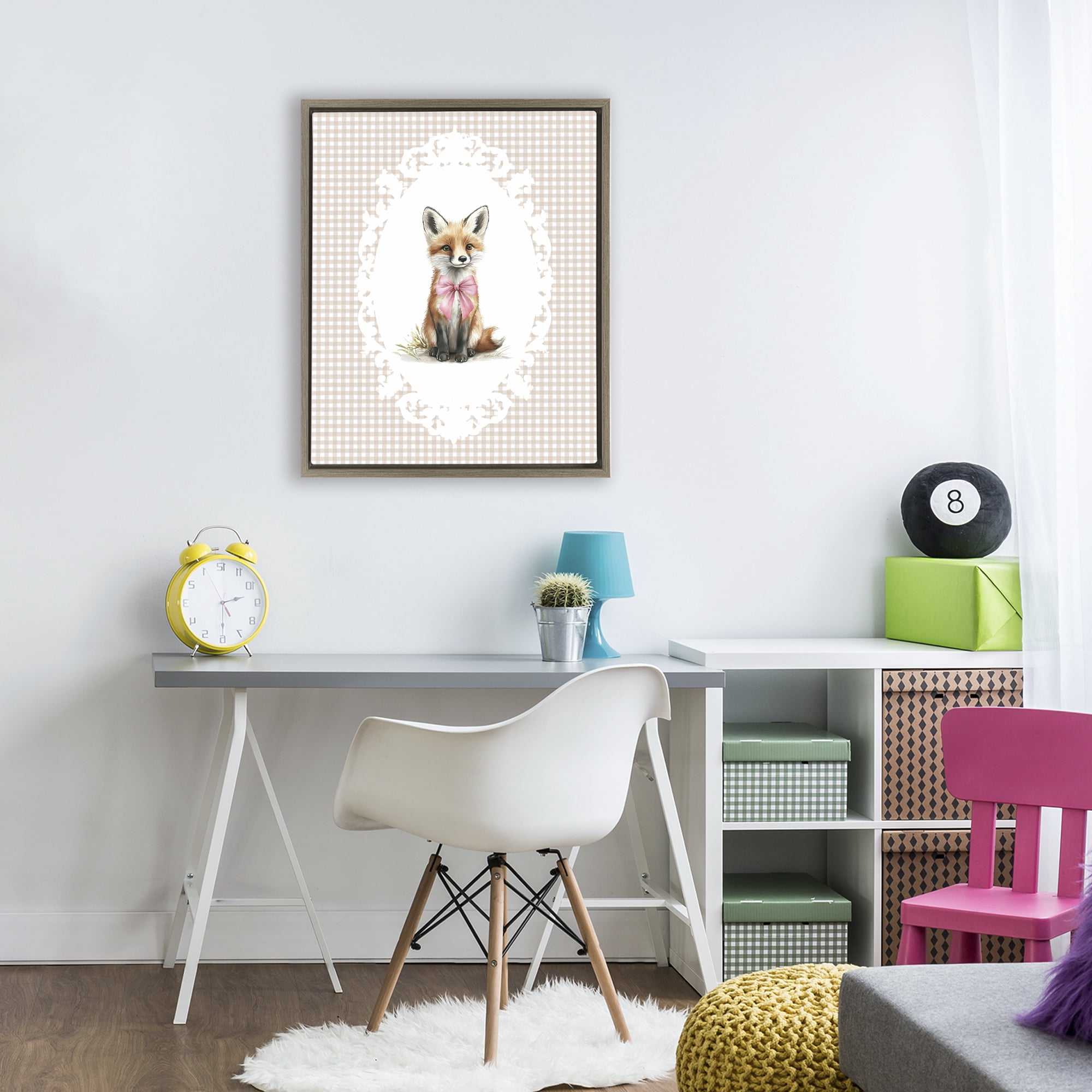 Stupell Industries Vintage Bow Fox on Gingham Brown Framed Floater Canvas Wall Art, design by Christine Simpson Art