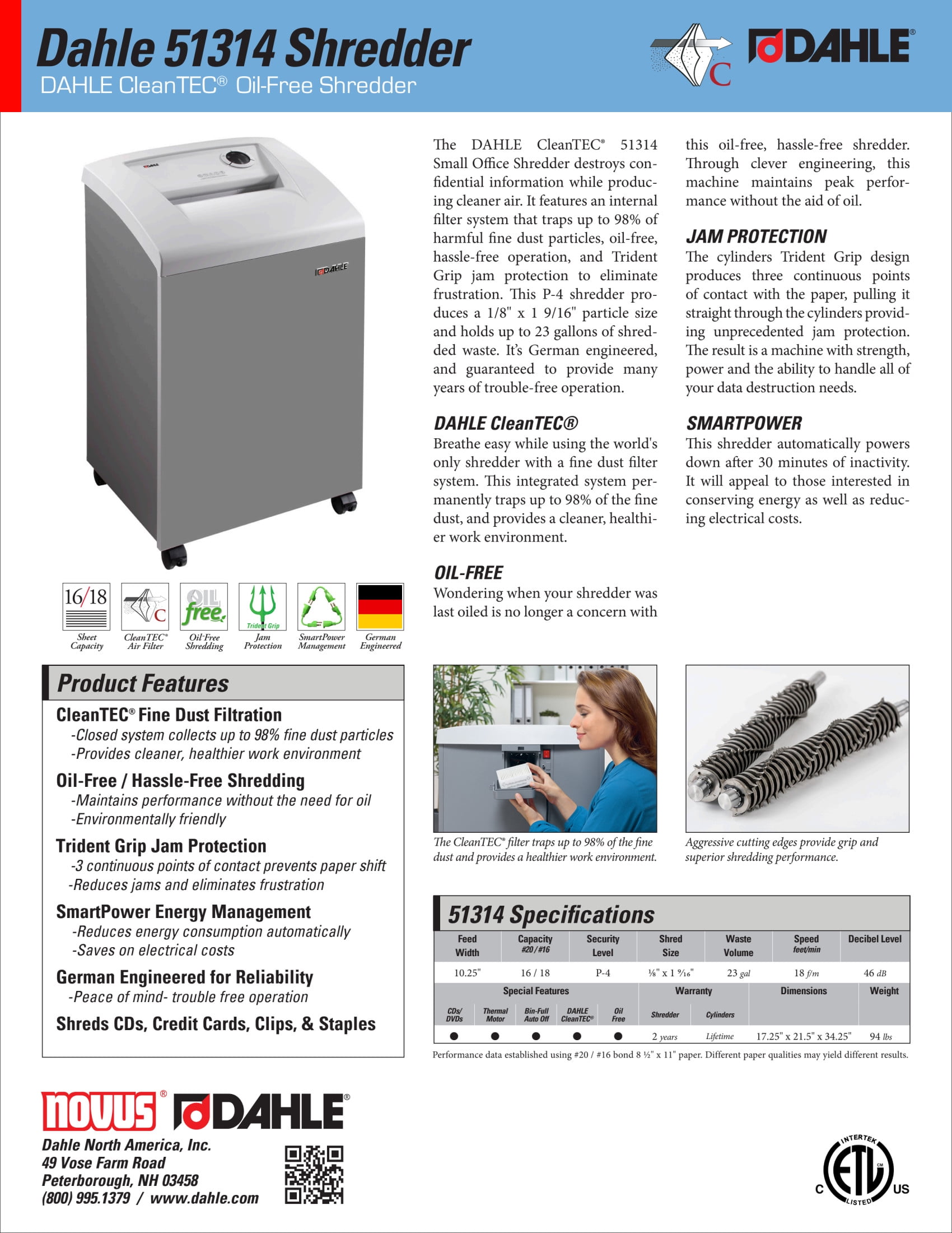 DAHLE CleanTEC 51314 Oil-Free Paper Shredder w/Air Filter, Jam Protection, 16 Sheet Max, Level P-4 | O-3