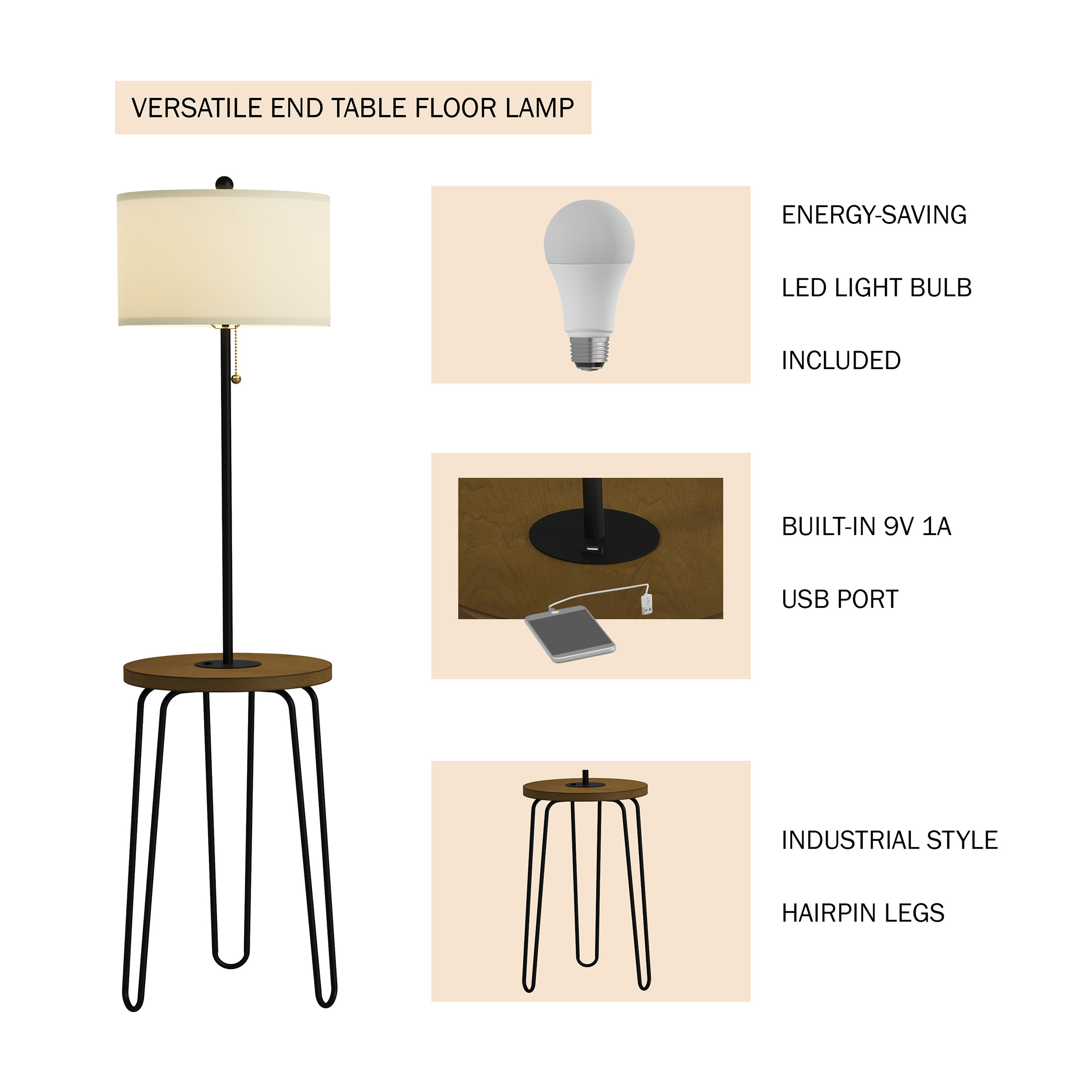 Lavish Home 59-inch Floor Lamp with Table, USB Port, and Hairpin Legs – Standing Light with Shelves