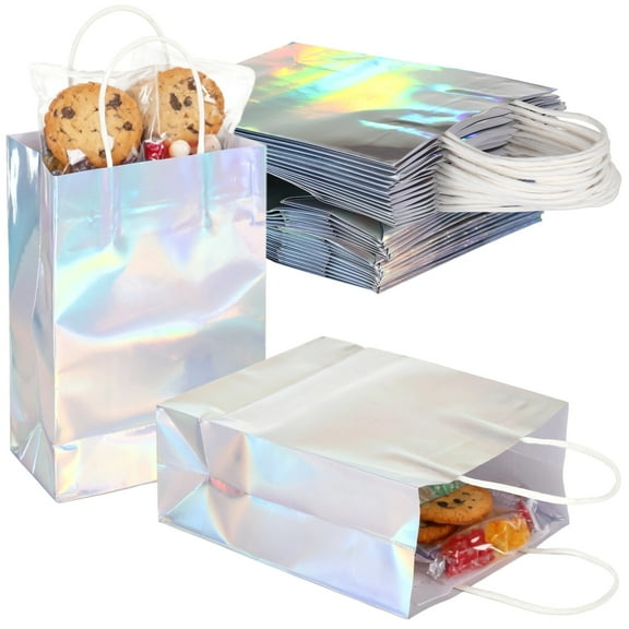 30 Pcs Iridescent Paper Gift Bags, 6.3 x 3.1 x 8.7 in, Bulk Goodie Bags, Reusable Holographic Goodie Candy Bags, Iridescent Party Favor Bags for Gift Wrapping