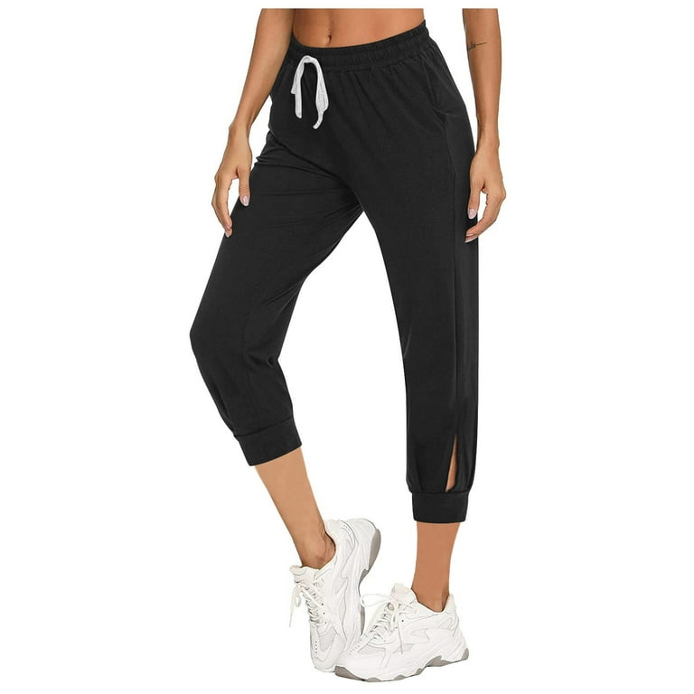 Cropped Sweatpants for Women with Pockets Split Lace-up Pilates Trousers  Casual Sports Lounge Capris Boho Pants (Medium, Black 01) 