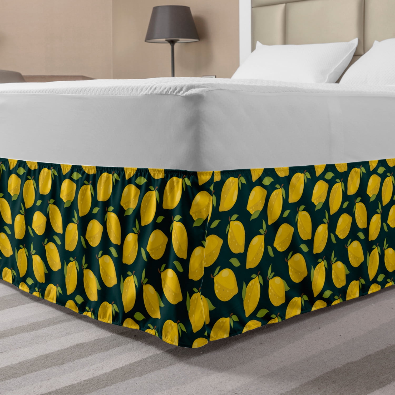 Lemons Bed Skirt Citrus Cartoon With Leaves On Dark Background Elastic Bedskirt Dust Ruffle Wrap Around For Bedding Decor 4 Sizes Dark Teal Yellow By Ambesonne Walmartcom Walmartcom