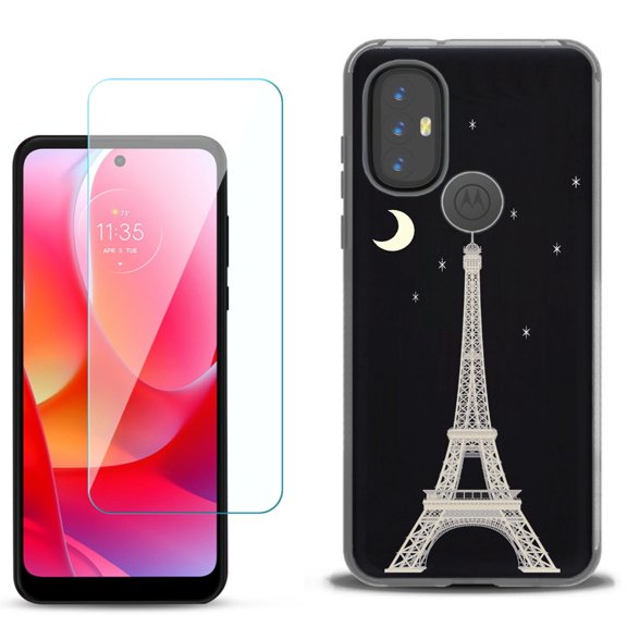 Slim-Fit Gel TPU Phone Case for Motorola Moto G Power 2022, with Tempered Glass Screen Protector, by OneToughShield ® - Eiffel Tower Moon