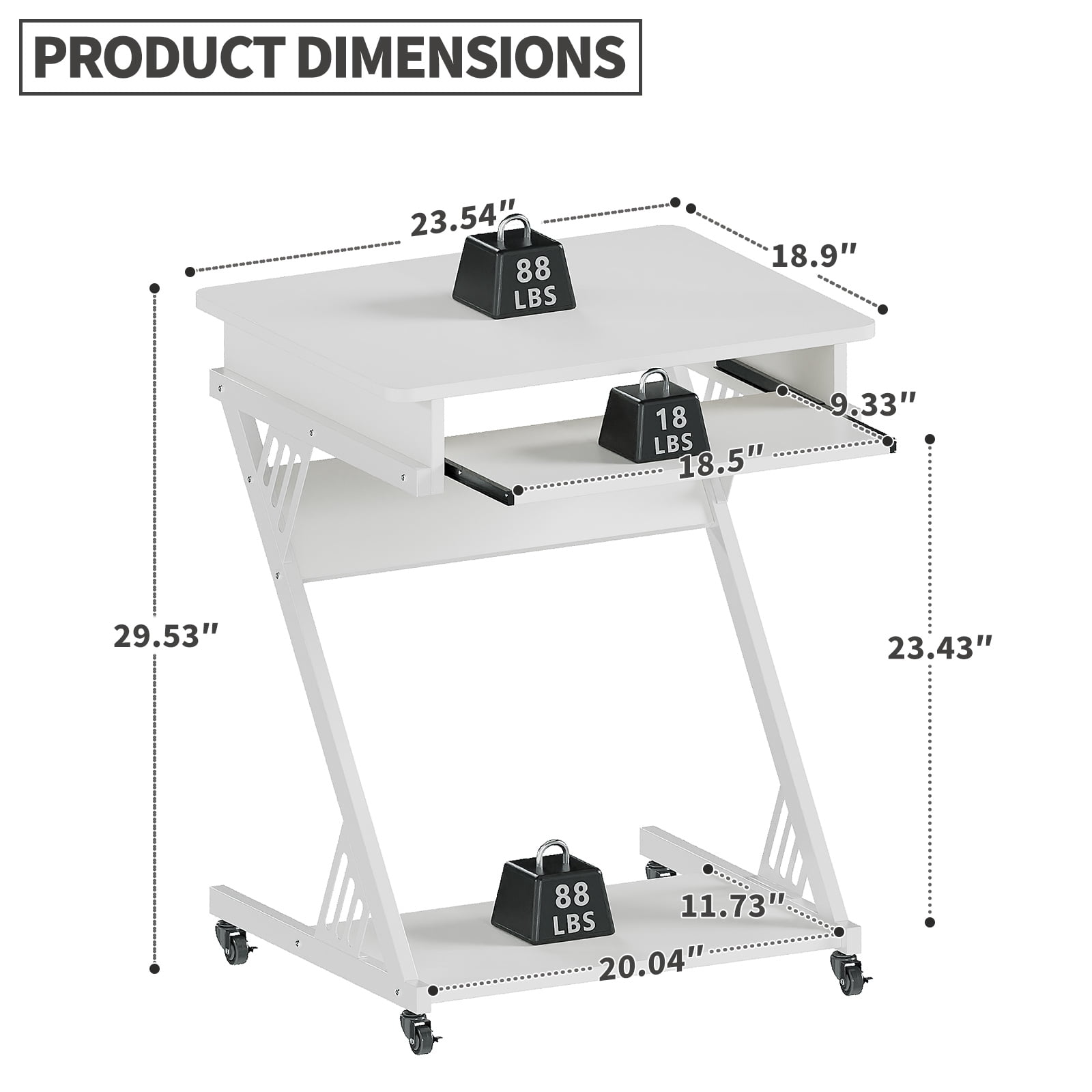 Zenira 2 Tiers Rolling Computer Desk with Keyboard Tray and Printer Shelf for Home Office, Mobile Computer Desk for Small Space, Retro Computer Table Compact PC Laptop Workstation, White