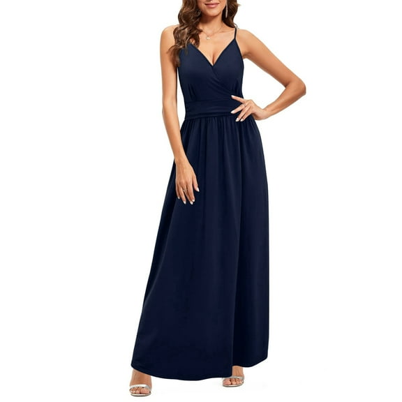 Mawalde Women Summer Maxi Dress Vacation Floral Spaghetti Strap Spring Casual Boho Split Beach Long Flowy Sundress Navy Blue XL