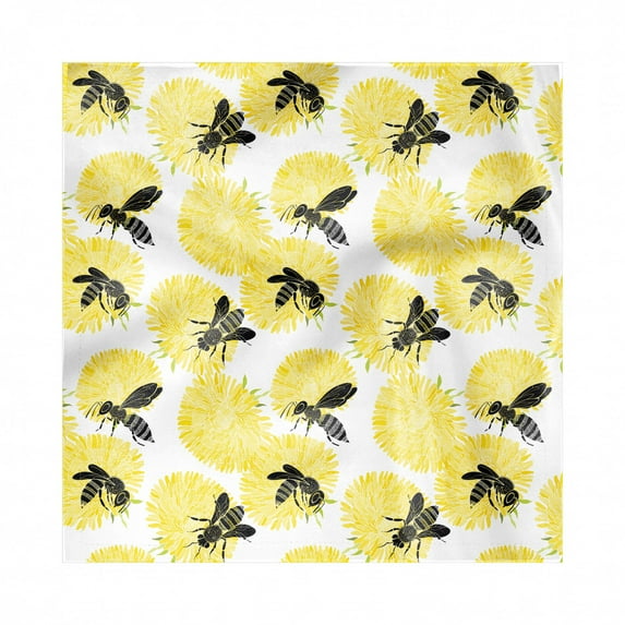 Bee Decorative Napkins Set of 4, Bees and Dandelion Flowers in Nature Detail Theme on White Background Print, Silky Satin Fabric for Brunch Dinner Party, 18", Yellow Black and White, by Ambesonne
