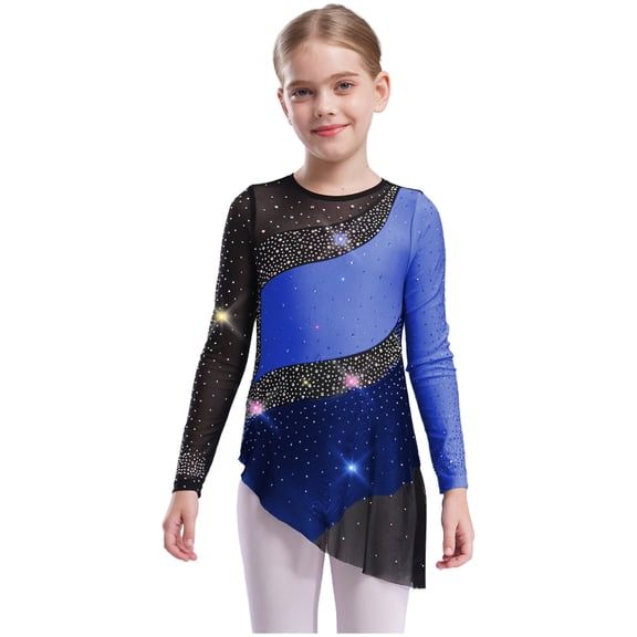 Hansber Kids Girls Long Sleeve Shiny Rhinestone Color Block Rhythmic Gymnastics Skirted Leotard Figure Ice Skating Dress Blue 4